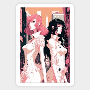 Pink and Black - Cyberpunk Illustrated Portrait Two Women Posing in Front of a Bustling Cityscape Sticker